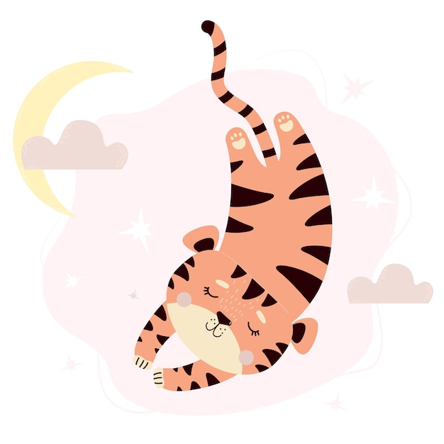Lindo tigre dormido contra el fondo de la luna del cielo y las nubes Colección Vector Childrens