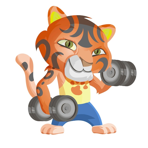 Lindo tigre entra para deportes y levanta pesas Ilustración de vector de personaje de dibujos animados aislado sobre fondo blanco