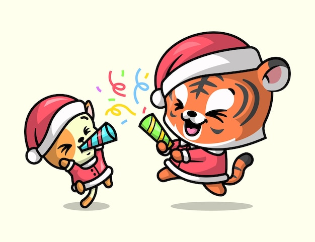 Vector un lindo tigre y gato celebran la navidad con alegría