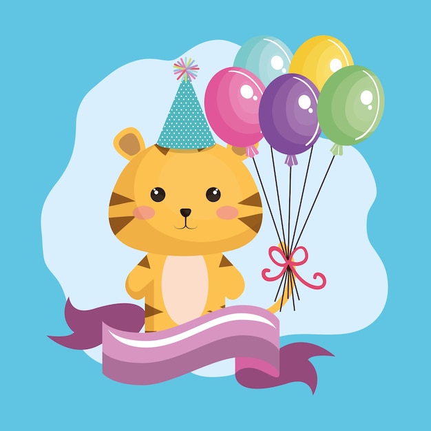 Lindo tigre con globos de aire kawaii tarjeta de cumpleaños
