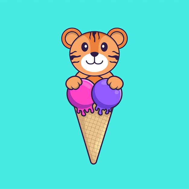 Lindo tigre con helado dulce concepto de dibujos animados de animales aislado