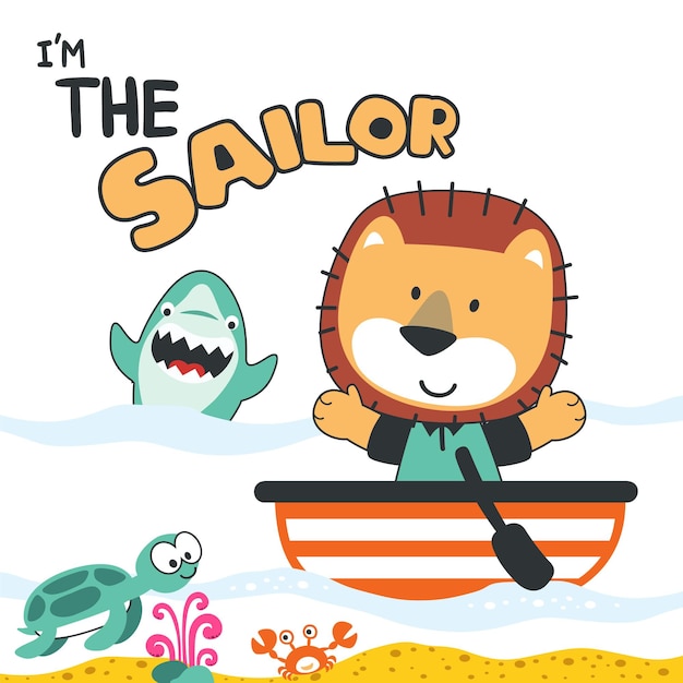 Lindo tigre león en el barco Se puede utilizar para la impresión de camisetas, los niños usan diseño de moda, tarjeta de invitación a la fiesta de bienvenida al bebé, tela, textil, papel tapiz para guardería, póster