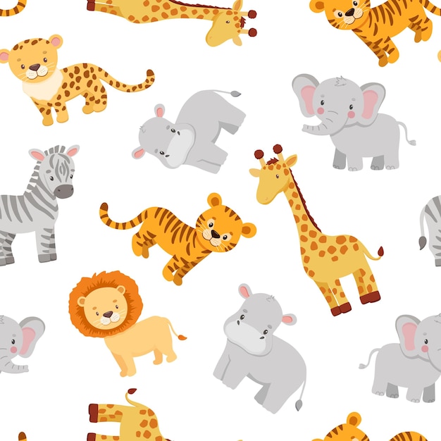 Lindo tigre león jirafa y elefante en estilo de dibujos animados patrón sin costuras vectorial para niños