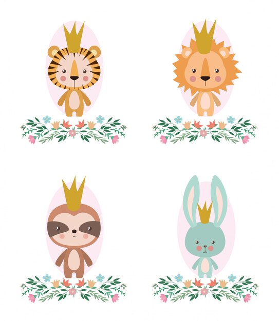 Lindo tigre león perezoso y diseño de conejo de dibujos animados, zoológico animal vida naturaleza personaje infancia y adorable tema ilustración vectorial