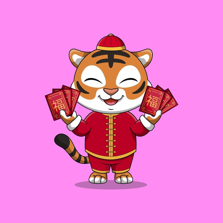 Lindo tigre mantenga sobres rojos dibujos animados vector icono ilustración Feliz año nuevo chino icono concepto