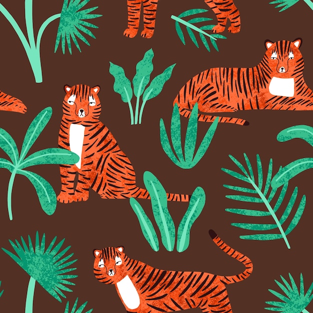 Lindo tigre con patrones sin fisuras de plantas tropicales. Animal depredador dibujado a mano infantil acostado, sentado y parado en la ilustración plana del vector de la selva. Felino rayado con plantilla de papel tapiz de hojas.
