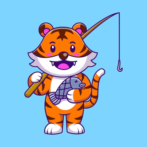 Vector lindo tigre de pesca sosteniendo la caña y los peces de dibujos animados iconos vectoriales ilustración
