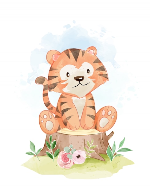 Lindo tigre sentado en la ilustración del tocón de árbol