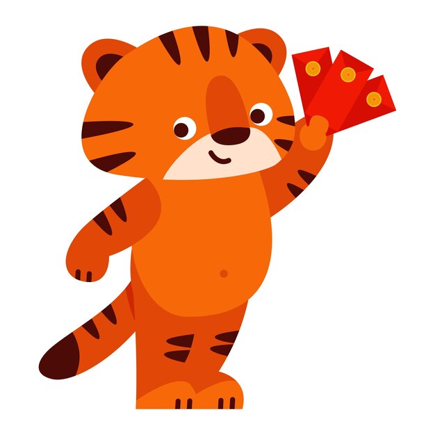 Lindo tigre con un sobre rojo 2022 año nuevo chino ilustración vectorial en estilo de dibujos animados