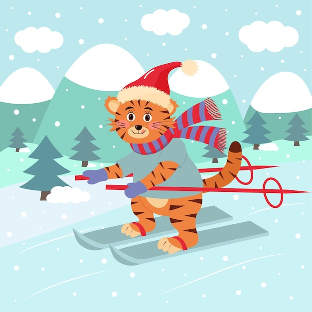 Lindo tigre con sombrero y bufanda está esquiando. Paisaje de invierno. Tarjeta de felicitación de invierno.