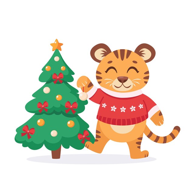 Lindo tigre con un suéter decora el árbol de Navidad