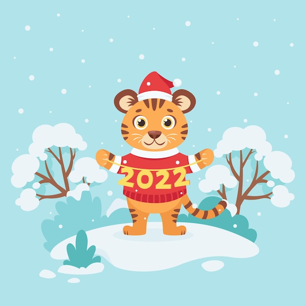 Lindo tigre con un suéter desea un Feliz Año Nuevo 2022 Año del tigre