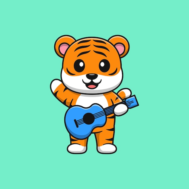 Lindo tigre tocando la ilustración de icono de vector de dibujos animados de guitarra. estilo de dibujos animados plana.