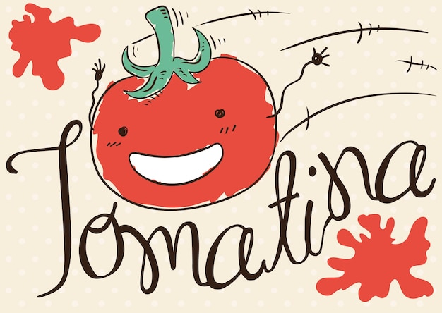 Lindo tomate en forma de garabato volando a toda velocidad con algunos puntos a su alrededor para el Festival Tomatina