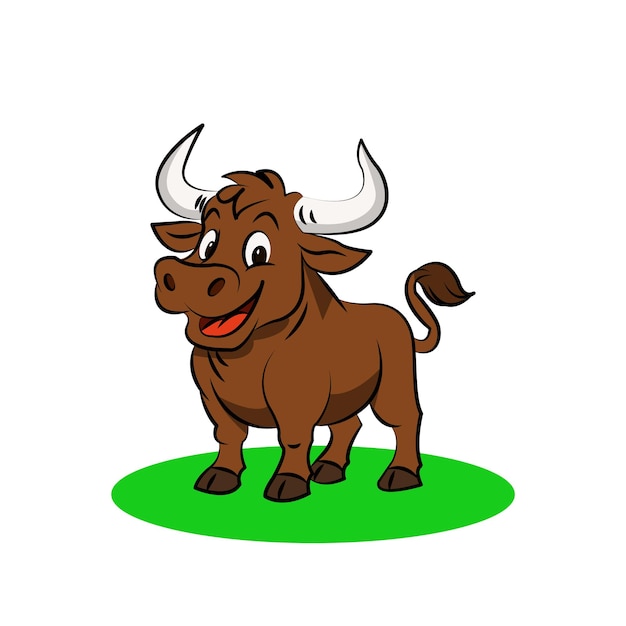Lindo toro de dibujos animados en la hierba verde Ilustración de animales de la granja feliz