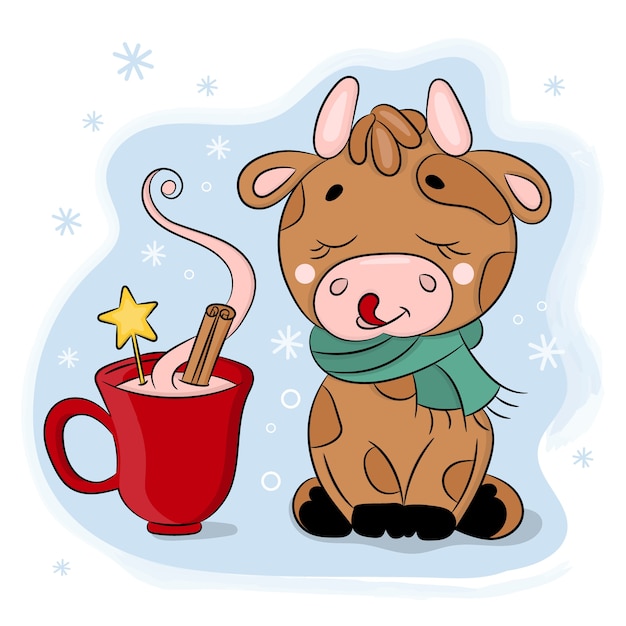 LINDO TORO DE DIBUJOS ANIMADOS CON TAZA DE CHOCOLATE Año nuevo Feliz Navidad Vacaciones Ilustración dibujada a mano