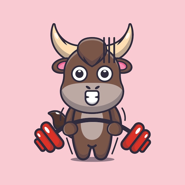 Lindo toro levantando barra Ilustración de animal de dibujos animados lindo