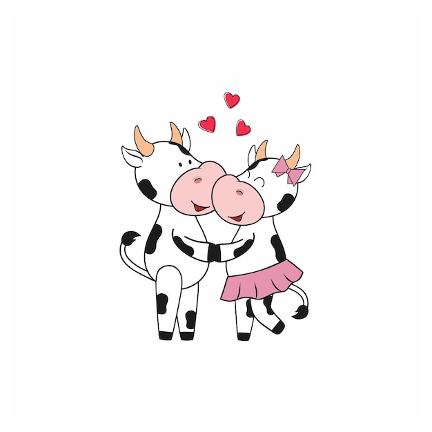 Lindo toro y vaca abrazándose. Ilustración de dibujos animados de vector para el año chino del toro, Navidad, día de San Valentín. Pegatinas para redes sociales, diseño de logo, postal.