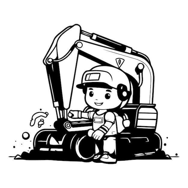 Vector lindo trabajador de la construcción de dibujos animados con excavadora ilustración vectorial aislada en fondo blanco