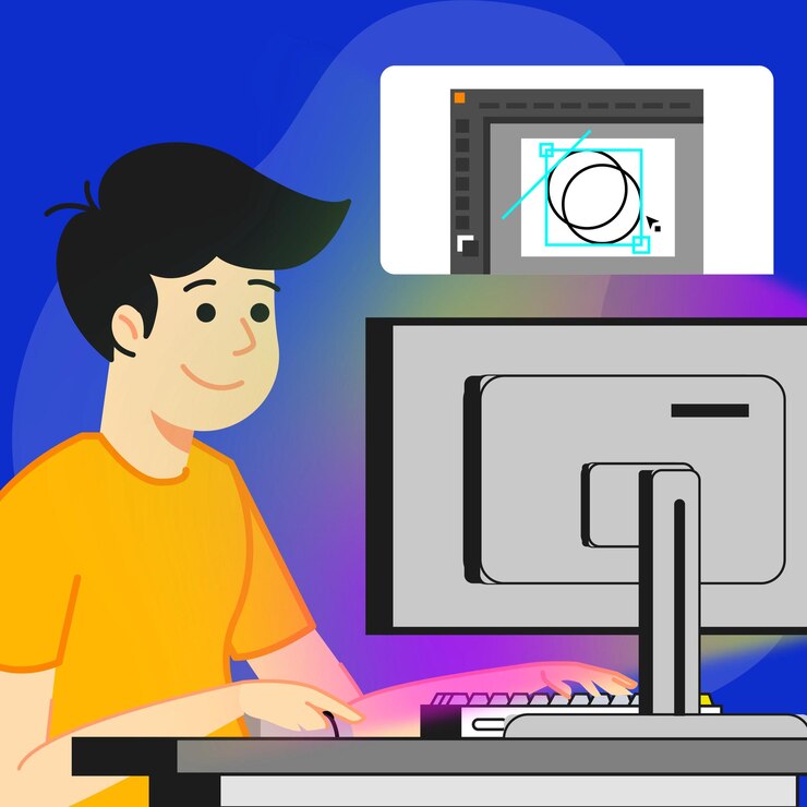 Vector lindo trabajo de ilustración plana desde el frente del hogar diseñador gráfico de computadora