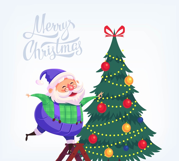 Lindo traje azul de dibujos animados Santa Claus decorando el árbol de Navidad Feliz Navidad ilustración