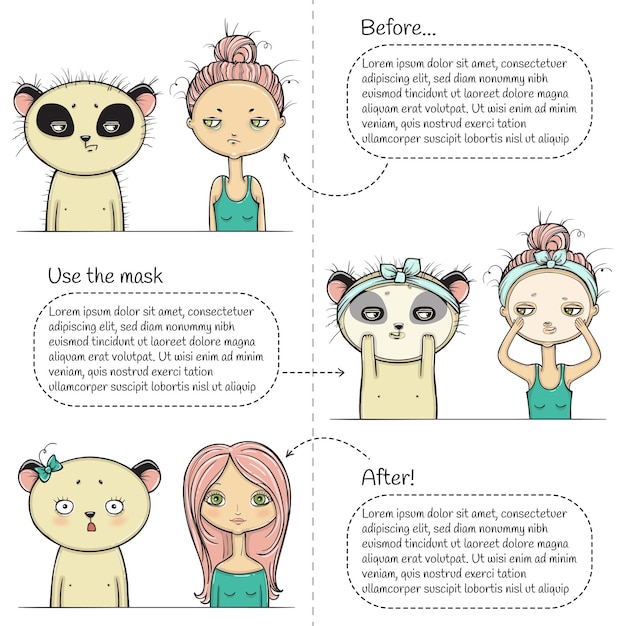 Lindo tratamiento facial tres pasos instrucción niña y panda ilustración vectorial