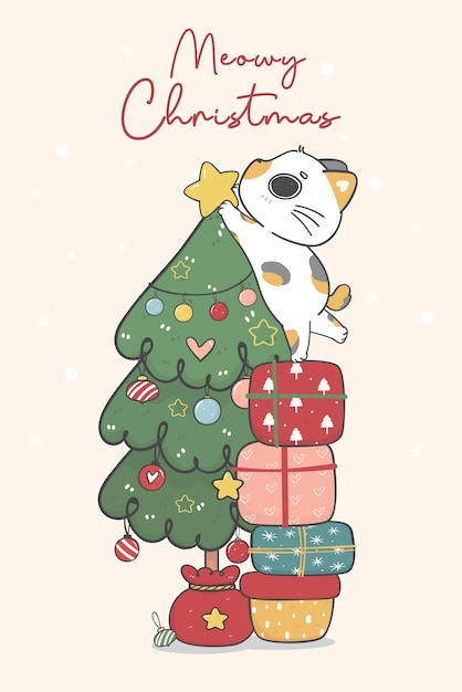 Lindo travieso calico gatito gato decorando un árbol de pino de Navidad feliz catmas dibujos animados animal personaje mano dibujo doodle vector idea para tarjeta de felicitación