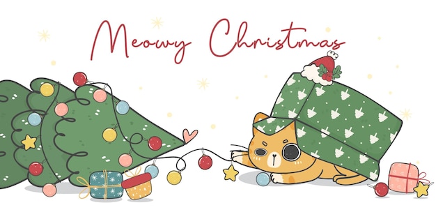 Lindo travieso naranja jengibre gatito gato destruir un pino decorado con Navidad meowy Chirstmas dibujos animados animal personaje mano dibujo doodle vector idea para tarjeta de felicitación