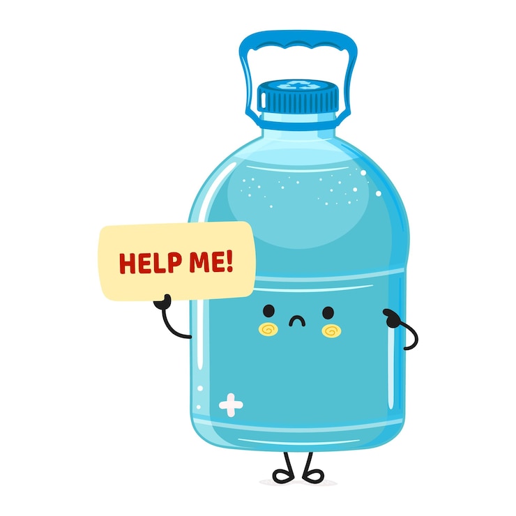 Vector lindo triste enfermo botella de agua de plástico pide ayuda personaje vector dibujado a mano dibujado de dibujos animados personaje kawaii icono de ilustración fondo blanco aislado sufrimiento no saludable concepto de botella de auga de plástico