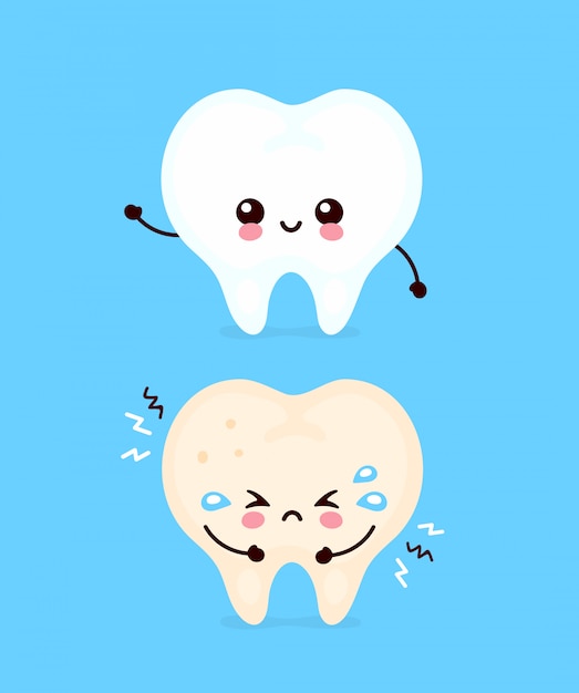 Lindo triste insalubre enfermo y fuerte saludable sonriendo feliz diente. diseño de icono de ilustración de personaje de dibujos animados moderno. aislado sobre fondo blanco. diente, dientes, cuidado dental, concepto de dentista