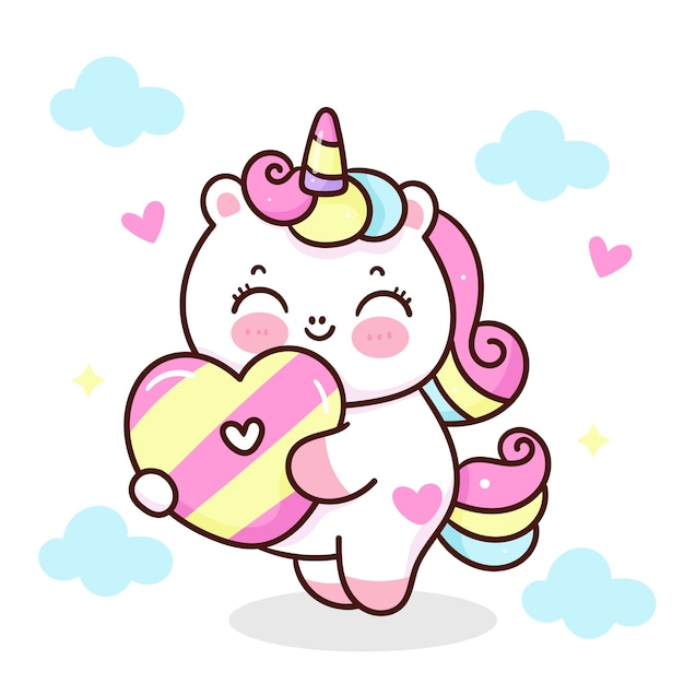 Vector lindo unicornio abrazo corazón caramelo kawaii animal