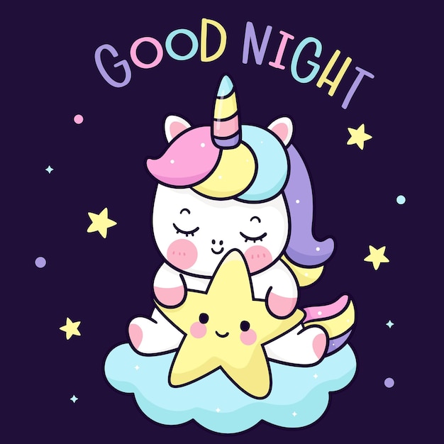 Lindo unicornio abrazo estrella buenas noches kawaii dibujos animados