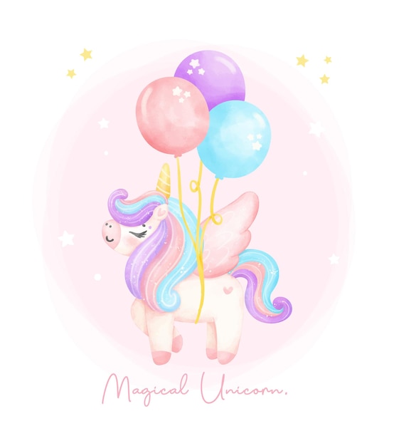 Lindo unicornio con ala flotando por globos acuarela guardería Ilustración de arte unicornio mágico