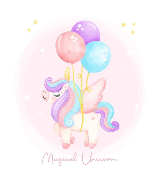 Vector lindo unicornio con ala flotando por globos acuarela guardería ilustración de arte unicornio mágico