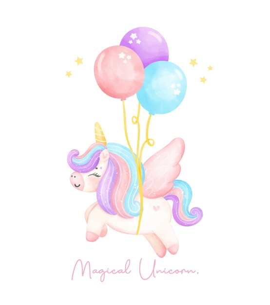 Lindo unicornio con ala flotando por globos acuarela guardería Ilustración de arte unicornio mágico
