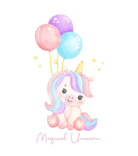 Lindo unicornio con ala flotando por globos acuarela guardería Ilustración de arte unicornio mágico