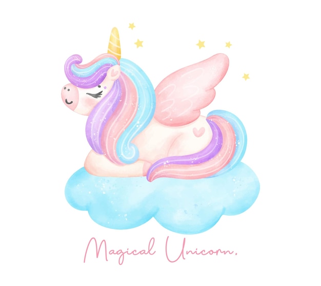 Vector lindo unicornio con ala en la nube acuarela soñadora guardería ilustración de arte unicornio mágico