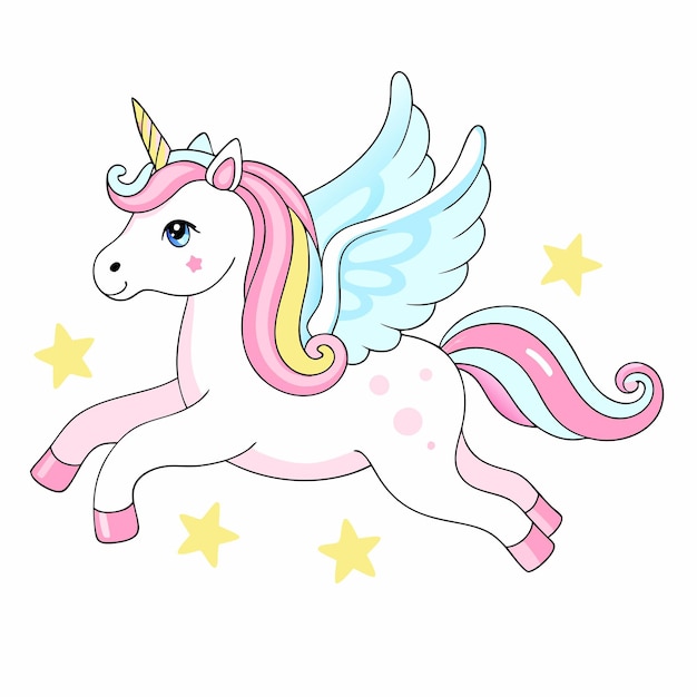Un lindo unicornio con alas volando entre las estrellas una ilustración mágica de cuento de hadas