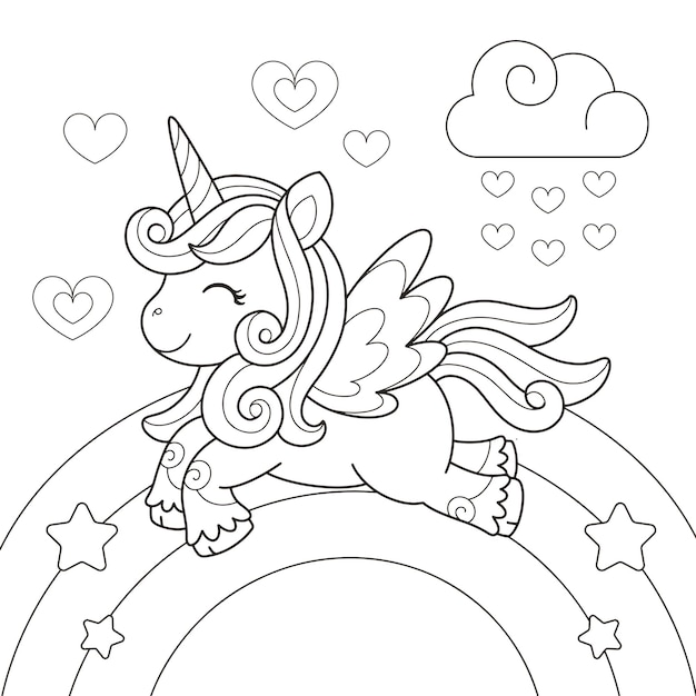 Vector lindo unicornio arco iris para colorear página ilustración