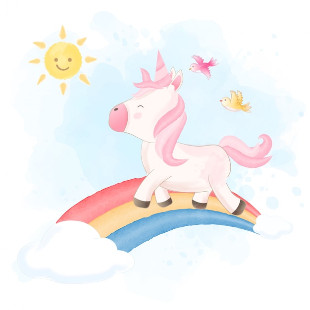 Lindo unicornio y arco iris dibujado a mano ilustración