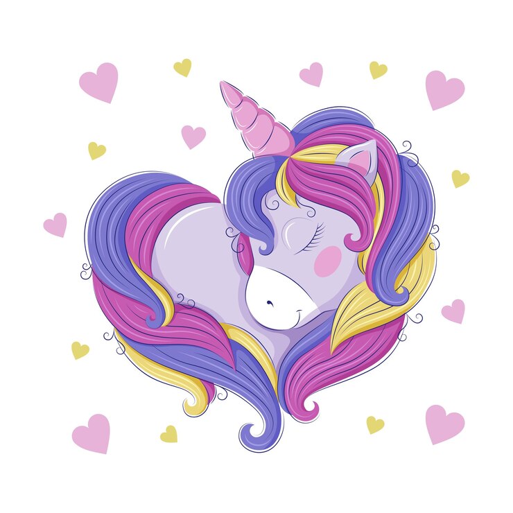 Lindo unicornio arcoiris, en forma de corazón. Gráficos vectoriales. Formato EPS10.