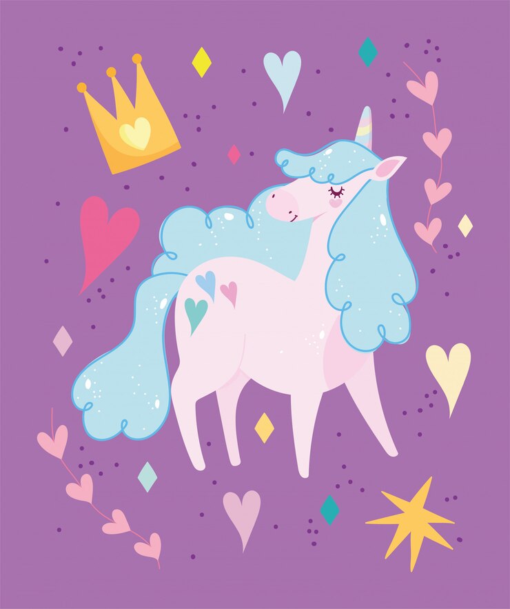 Vector lindo unicornio azul melena coronas corazones magia fantasía dibujos animados