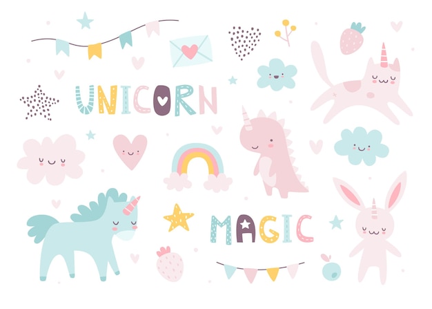 Lindo unicornio bebé animales conjunto girly unicornios vector colección kawaii animales conjunto