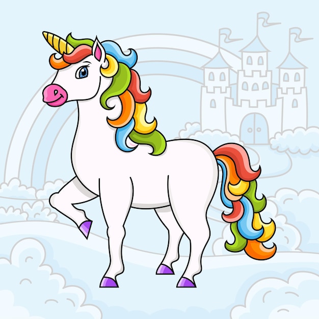 Lindo unicornio caballo de hadas mágico paisaje con un hermoso castillo personaje de dibujos animados ilustración vectorial colorida aislado en fondo de color elemento de diseño