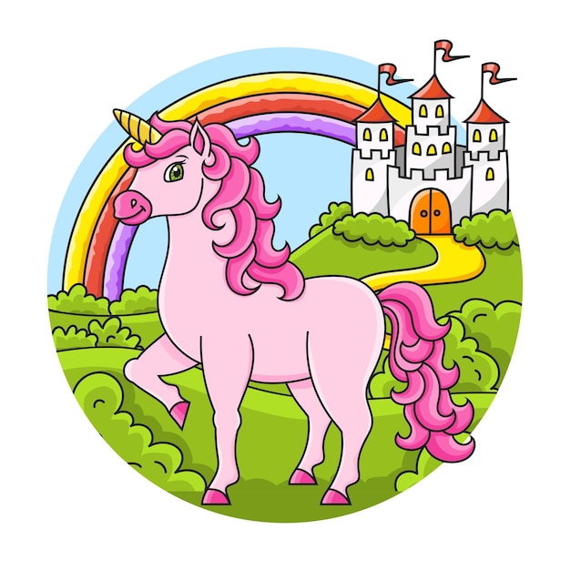 Lindo unicornio caballo de hadas mágico paisaje con un hermoso castillo personaje de dibujos animados ilustración vectorial colorida aislado en fondo de color elemento de diseño