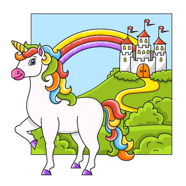 Lindo unicornio caballo de hadas mágico paisaje con un hermoso castillo personaje de dibujos animados ilustración vectorial colorida aislado en fondo de color elemento de diseño