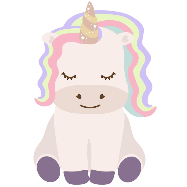 Lindo unicornio con cabello de arco iris. Vector blanco unicornio niños dibujos animados ilustración. Pequeño pony