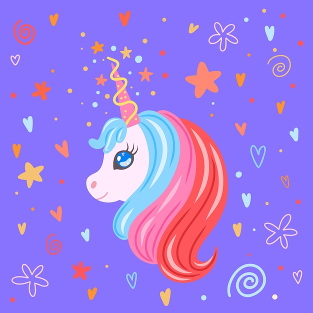 Lindo unicornio con cabello rosa y rojo azul brillante sobre fondo violeta con estrellas, corazones y espirales