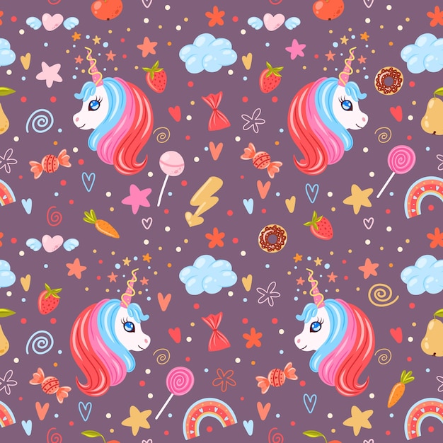 Lindo unicornio cabezas de patrones sin fisuras con estrellas arco iris dulces zanahorias nubes piruletas lghtnings y corazones Buen patrón para envolver papel y ropa para niños