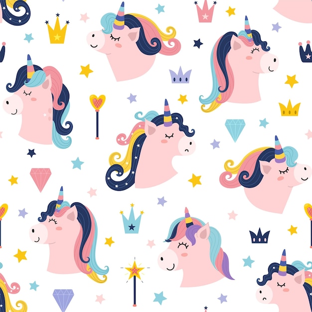 Lindo unicornio cabezas de patrones sin fisuras para niños Pony mágico se enfrenta a fondo en estilo de dibujos animados